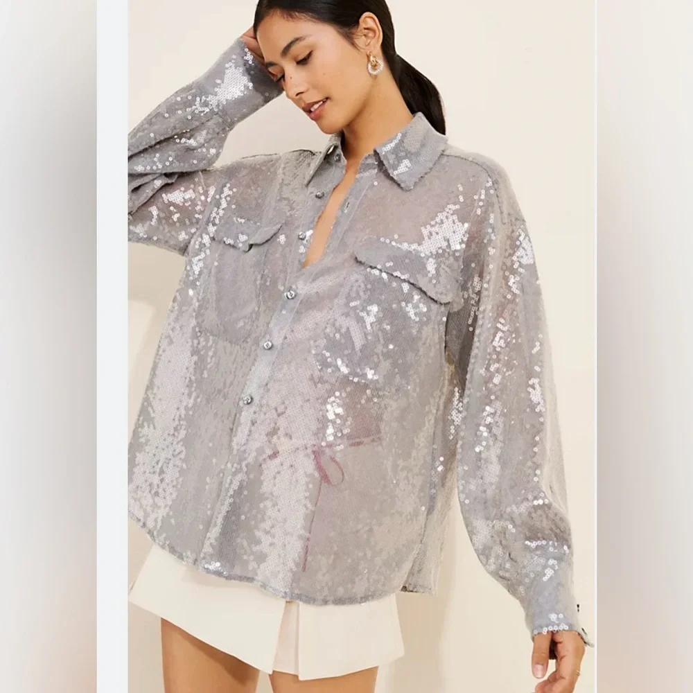 NWOT Free People Disco Margarita Button down Size Small in Silver